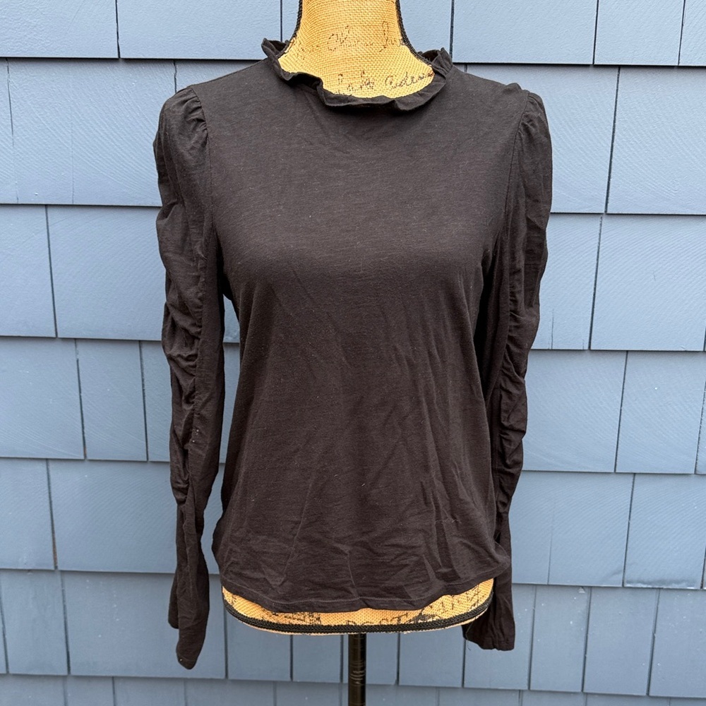 Anthropologie Black Ruffle Collar Long Sleeve Top Maeve small black cotton